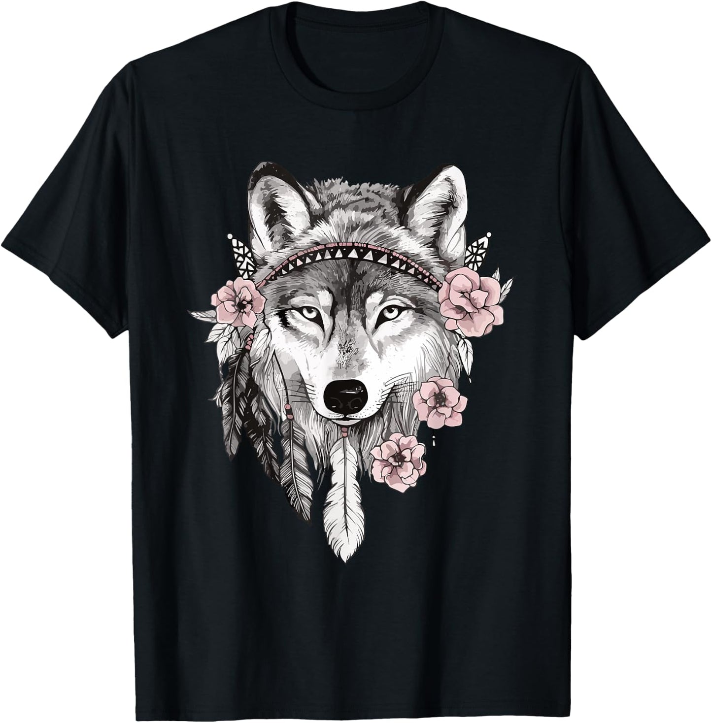Ethnic Tribal Wolf Head Boho Feather Native American Art T-Shirt - T-Shirt | Black
