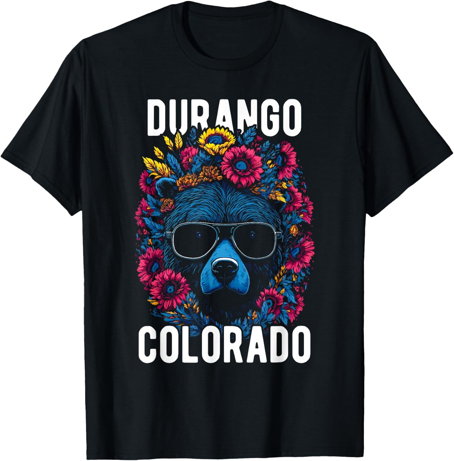 Durango Colorado USA Fun Bear with Flowers Design T-Shirt - T-Shirt | Black