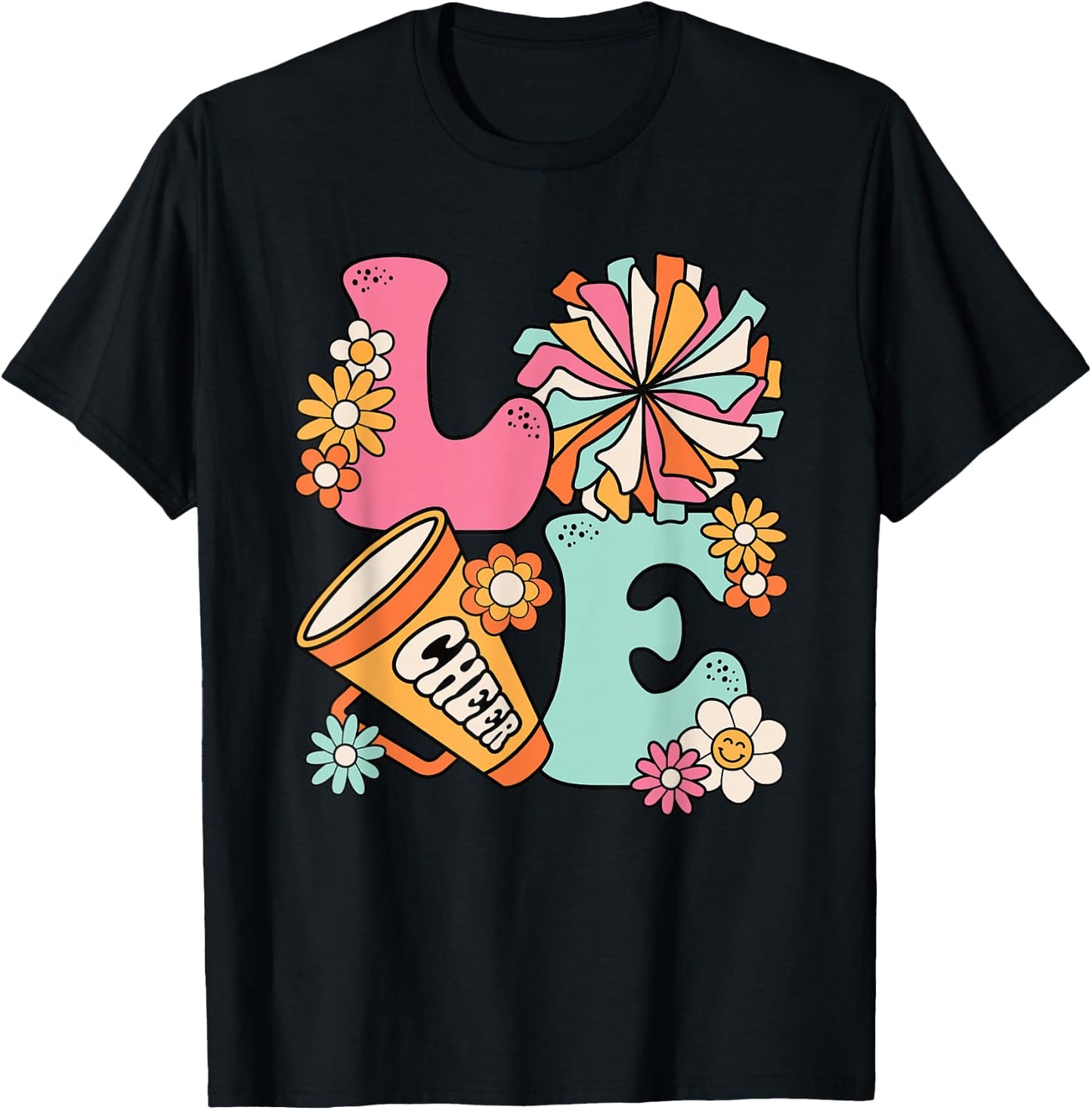 Love Cheer Groovy Cheerleader Cheerleading Women Girls Teens T-Shirt - T-Shirt | Black