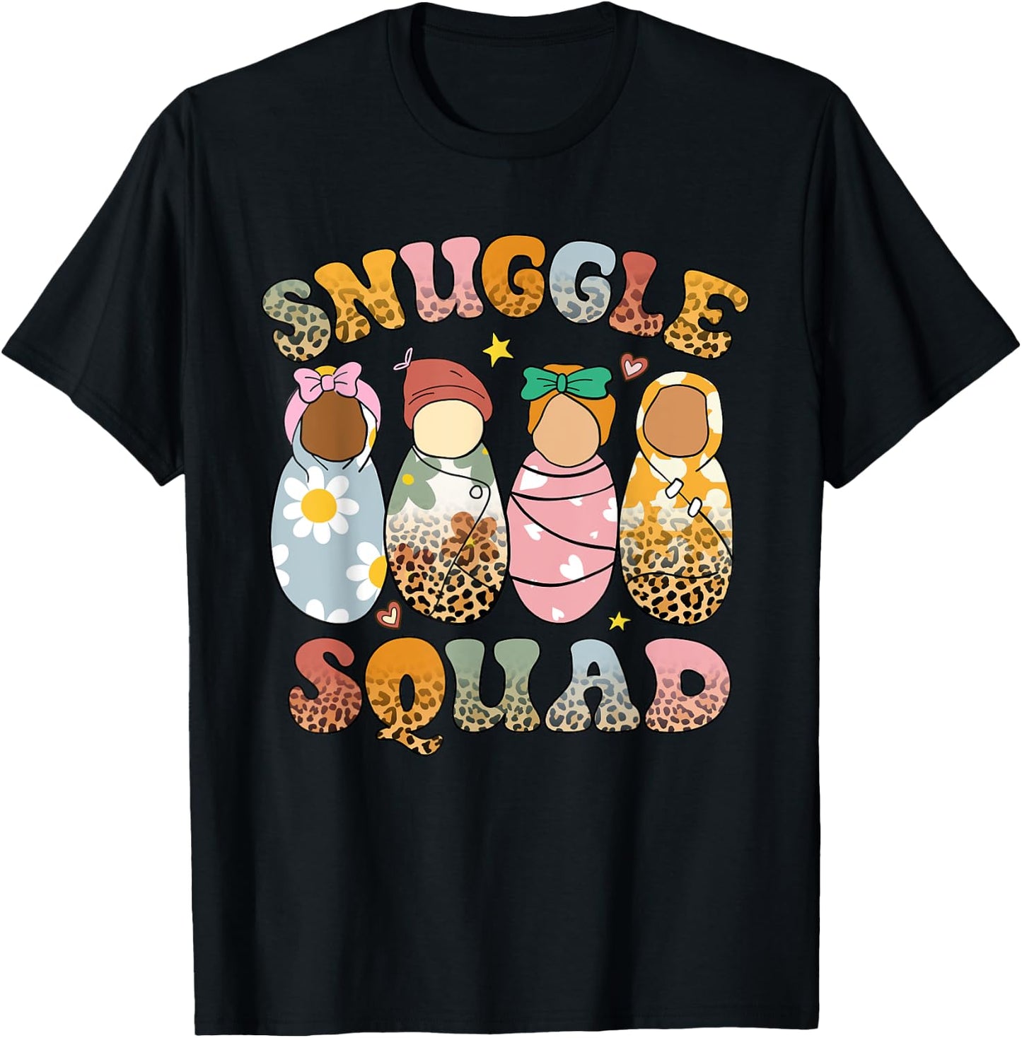 Retro Groovy Snuggle Squad Leopard Babies NICU Nurse T-Shirt - T-Shirt | Black