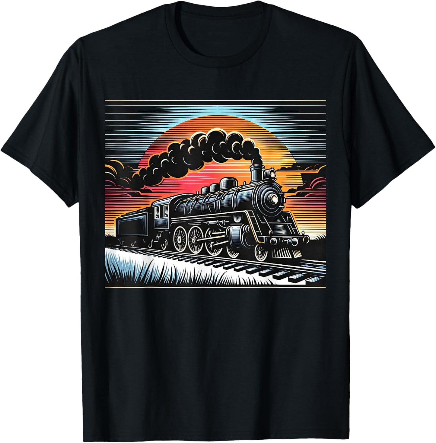 Vintage Steam Engine Train Locomotive Cool Sunset Railroad T-Shirt - T-Shirt | Black