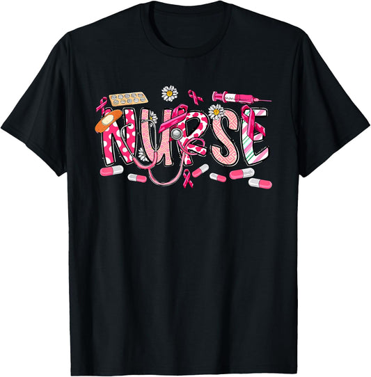 Pink Stethoscope Nurse Medical Breast Cancer Awareness T-Shirt - T-Shirt | Black