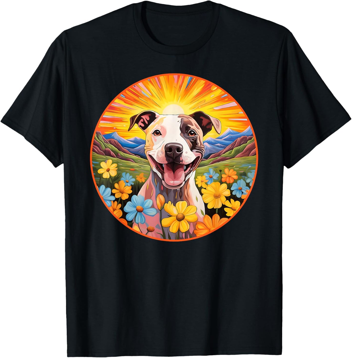 Cute Pitbull Colorful Flower Mountain Sunset Puppy Dog T-Shirt - T-Shirt | Black