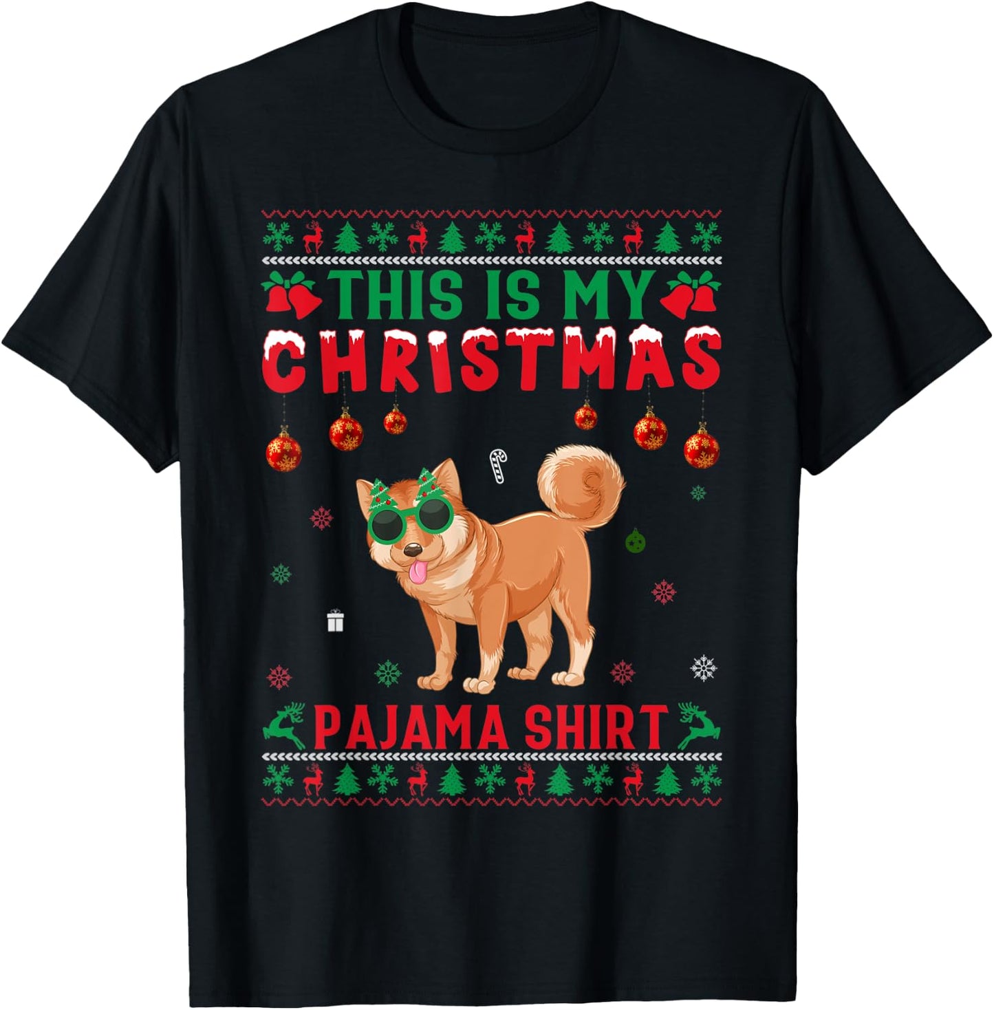 Ugly Xmas Holiday This Is My Shiba Inu Dog Christmas Pajama T-Shirt - T-Shirt | Black