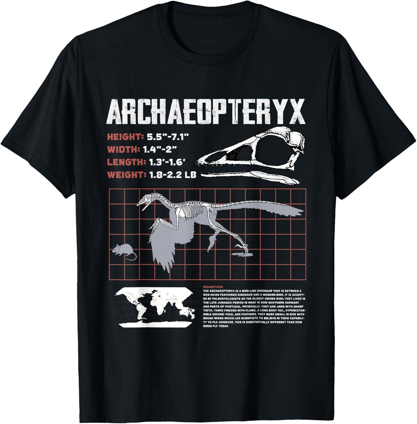 Archaeopteryx Dinosaur Facts Sheet Fossils Data T-Shirt - T-Shirt | Black