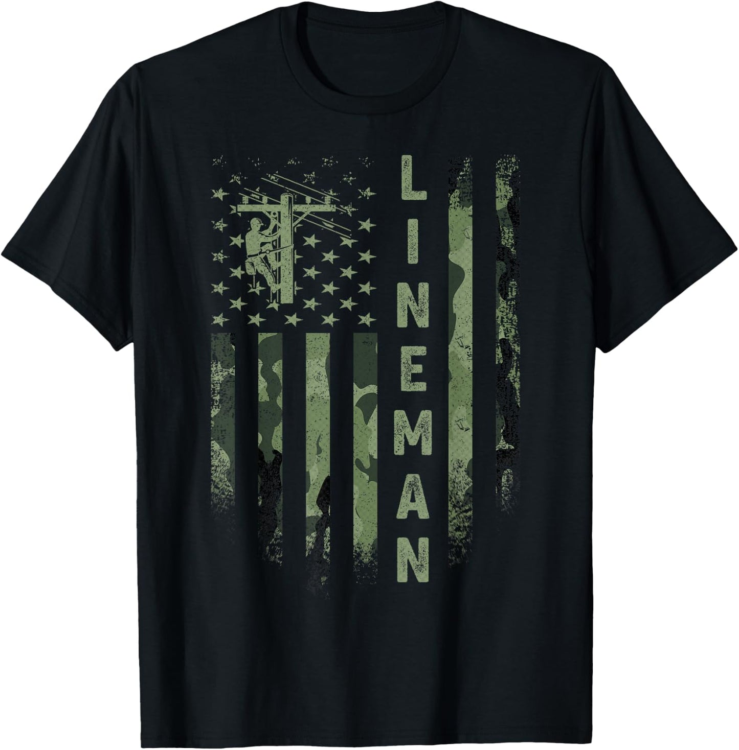 USA Camo Flag Electric Cable Lineman Silhouette Distressed T-Shirt - T-Shirt | Black