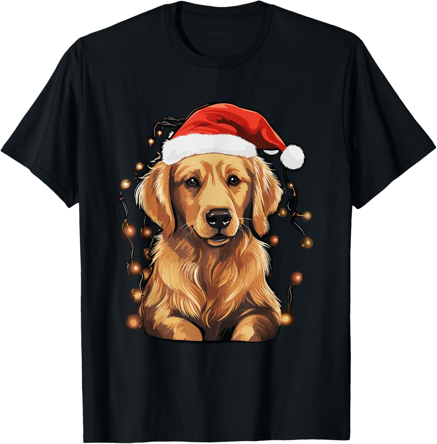 Golden Retriever Dog Christmas Lights Santa Hat Xmas Pajama T-Shirt - T-Shirt | Black