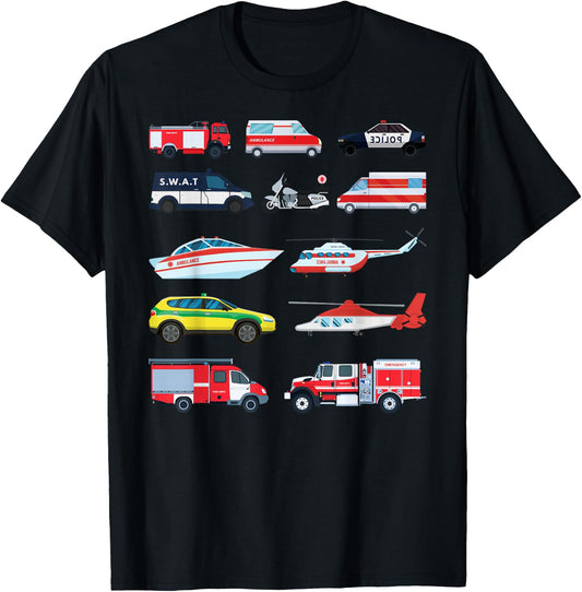 Emergency Vehicles, Emergency Boy and Girl T-Shirt - T-Shirt | Black