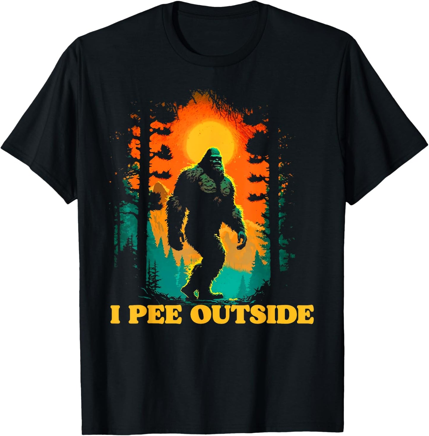 I Pee Outside Funny Bigfoot Hiking Sasquatch Retro Sunset T-Shirt - T-Shirt | Black