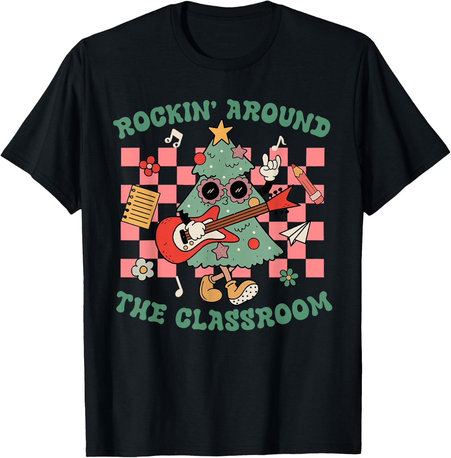Retro Groovy Teacher Christmas Rockin' Around The Classroom T-Shirt - T-Shirt | Black