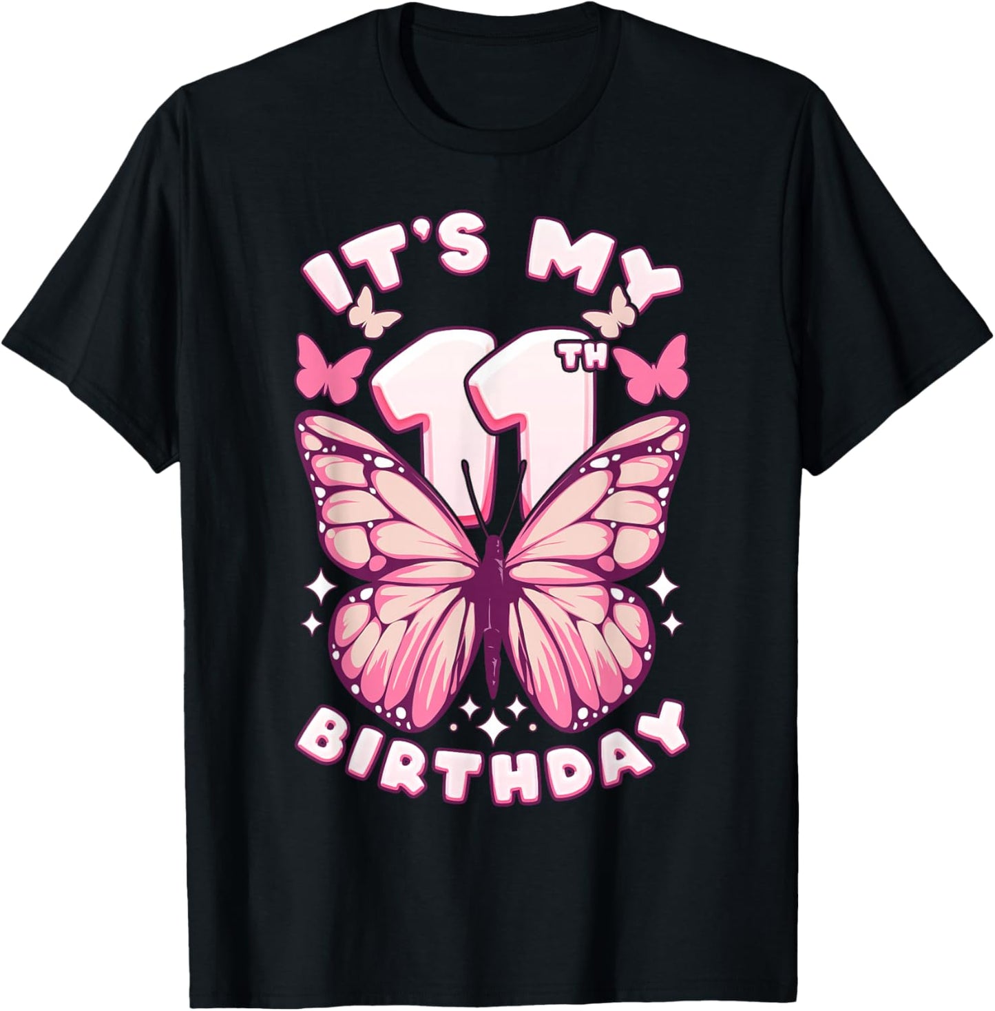 11th Birthday Girl 11 Years Old Butterflies and Number T-Shirt - T-Shirt | Black