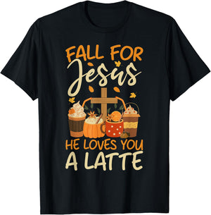 Christian Coffee Fall For Jesus He Loves you a Latte Faith T-Shirt - T-Shirt | Black