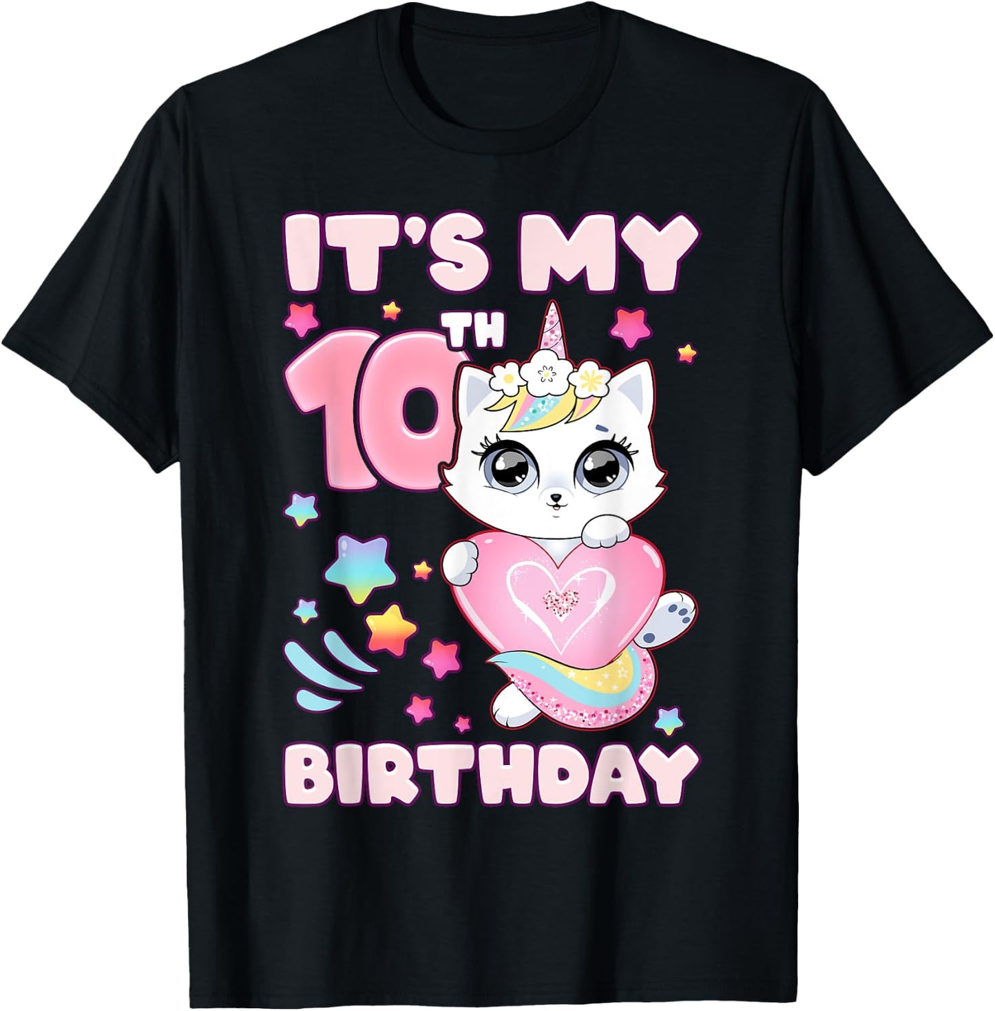 Birthday girl 10 years old, cat, unicorn, 10th birthday T-Shirt - T-Shirt | Black