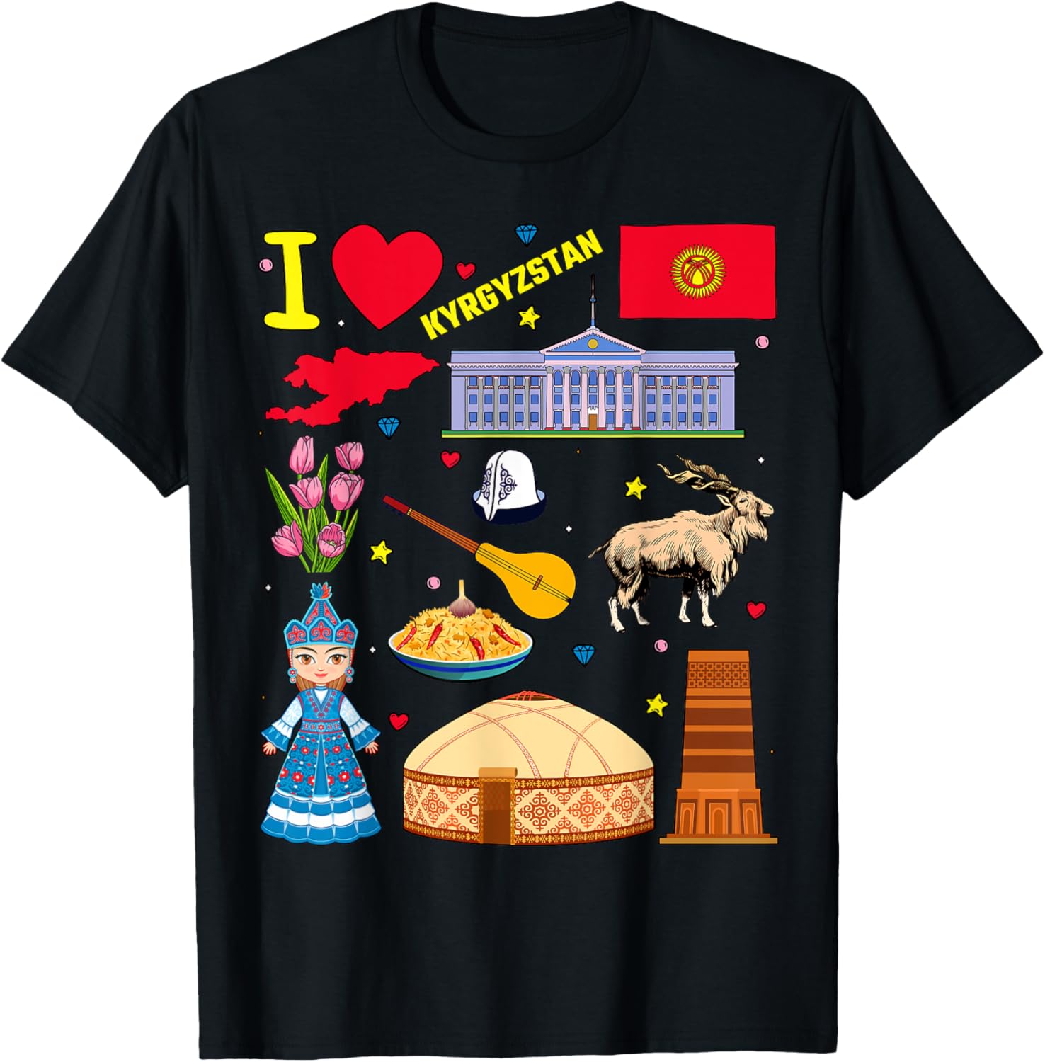 I love Kyrgyzstan. Hand drawn Kyrgyz Landmarks, flag and map T-Shirt - T-Shirt | Black