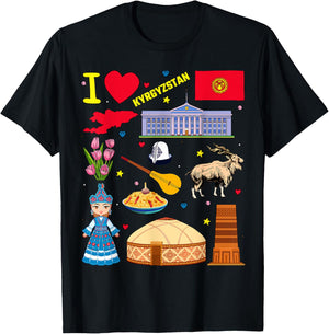 I love Kyrgyzstan. Hand drawn Kyrgyz Landmarks, flag and map T-Shirt - T-Shirt | Black
