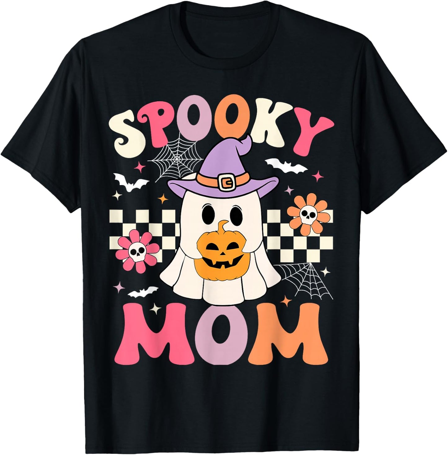 Groovy Spooky Mom Retro Ghost Holding Pumpkin Halloween T-Shirt - T-Shirt | Black