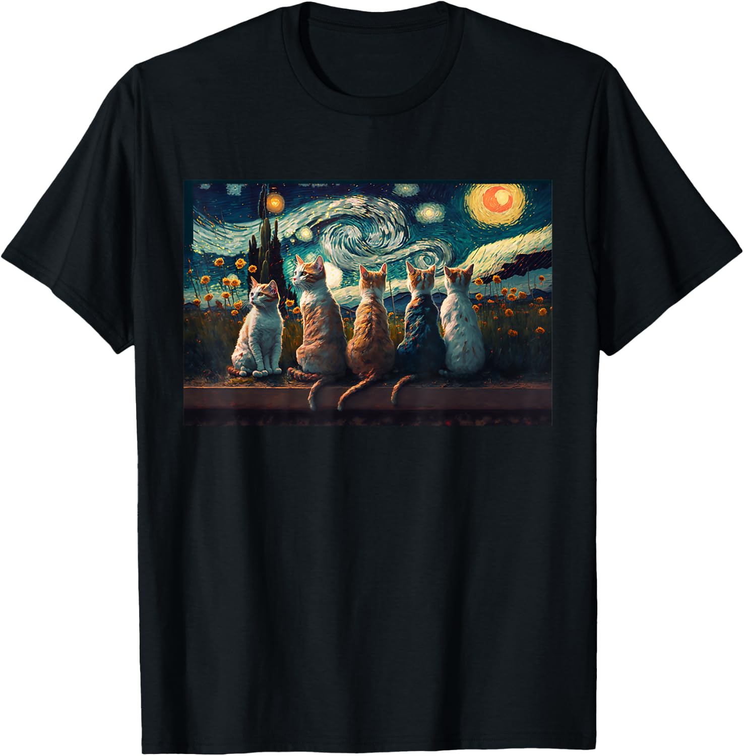 cats painting art sitting Starry Night kitty kitten Van Gogh T-Shirt - T-Shirt | Black