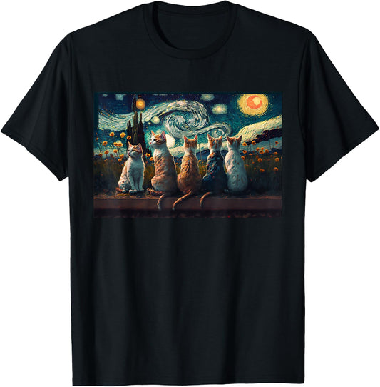 cats painting art sitting Starry Night kitty kitten Van Gogh T-Shirt - T-Shirt | Black