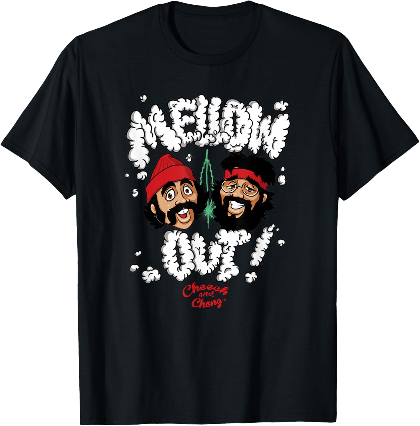 Cheech & Chong Mellow Out! Smoking Text Cartoon Faces T-Shirt - T-Shirt | Black