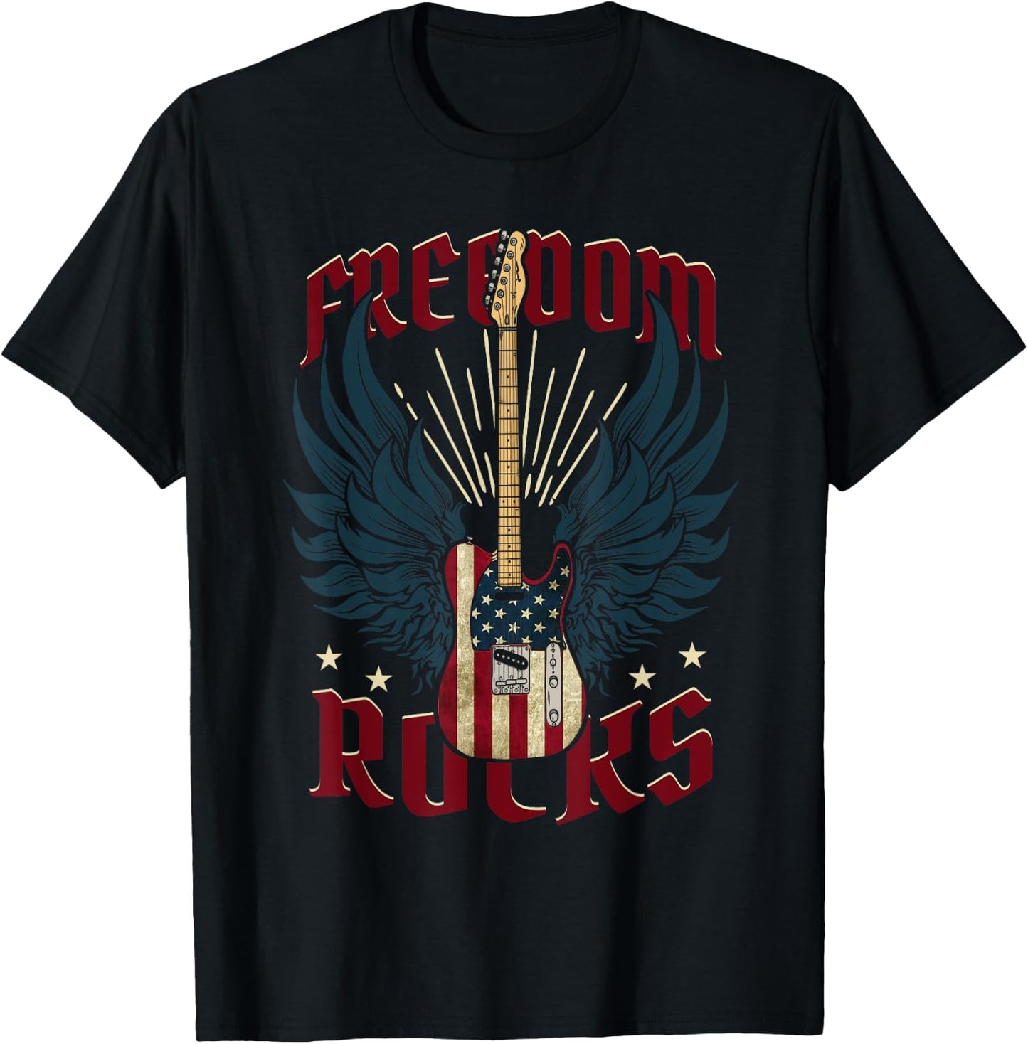 Freedom Rocks Patriotic 4th Of July American Flag Guitar Women Kids Men T-Shirt - T-Shirt | Black