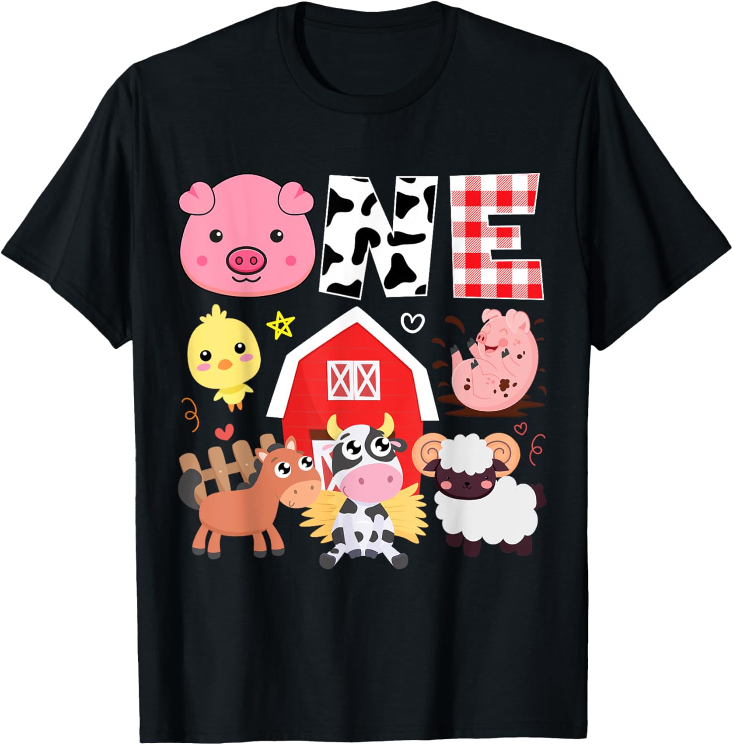 1st Birthday One Year Old Farm Theme Animals Birthday Party T-Shirt - T-Shirt | Black