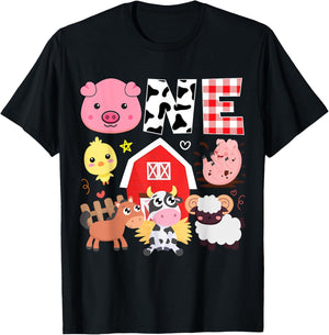 1st Birthday One Year Old Farm Theme Animals Birthday Party T-Shirt - T-Shirt | Black