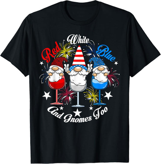 Red White Blue Gnomes Too 4th of July Wine Glass USA Flag Men T-Shirt - T-Shirt | Black