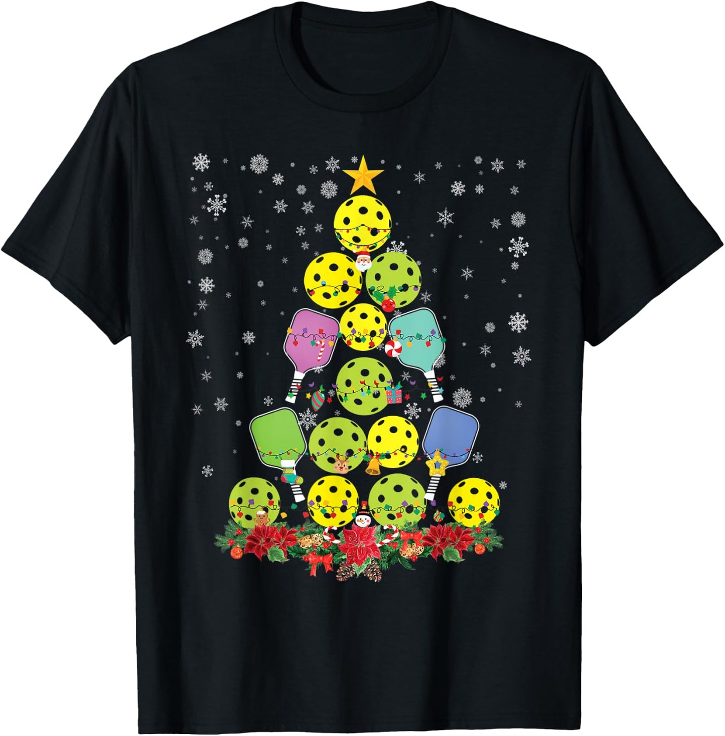 Pickleball Christmas Tree Santa Pickleball X Mas Lights T-Shirt - T-Shirt | Black