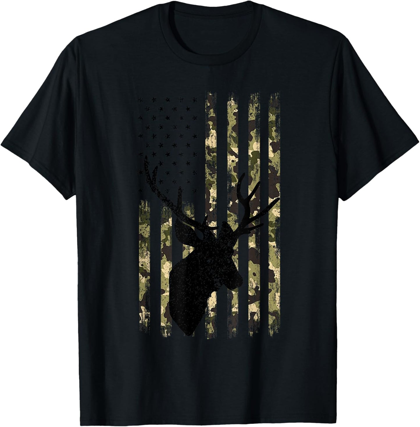 Funny Camouflage USA Flag Whitetail Buck Deer Hunting Lovers T-Shirt - T-Shirt | Black