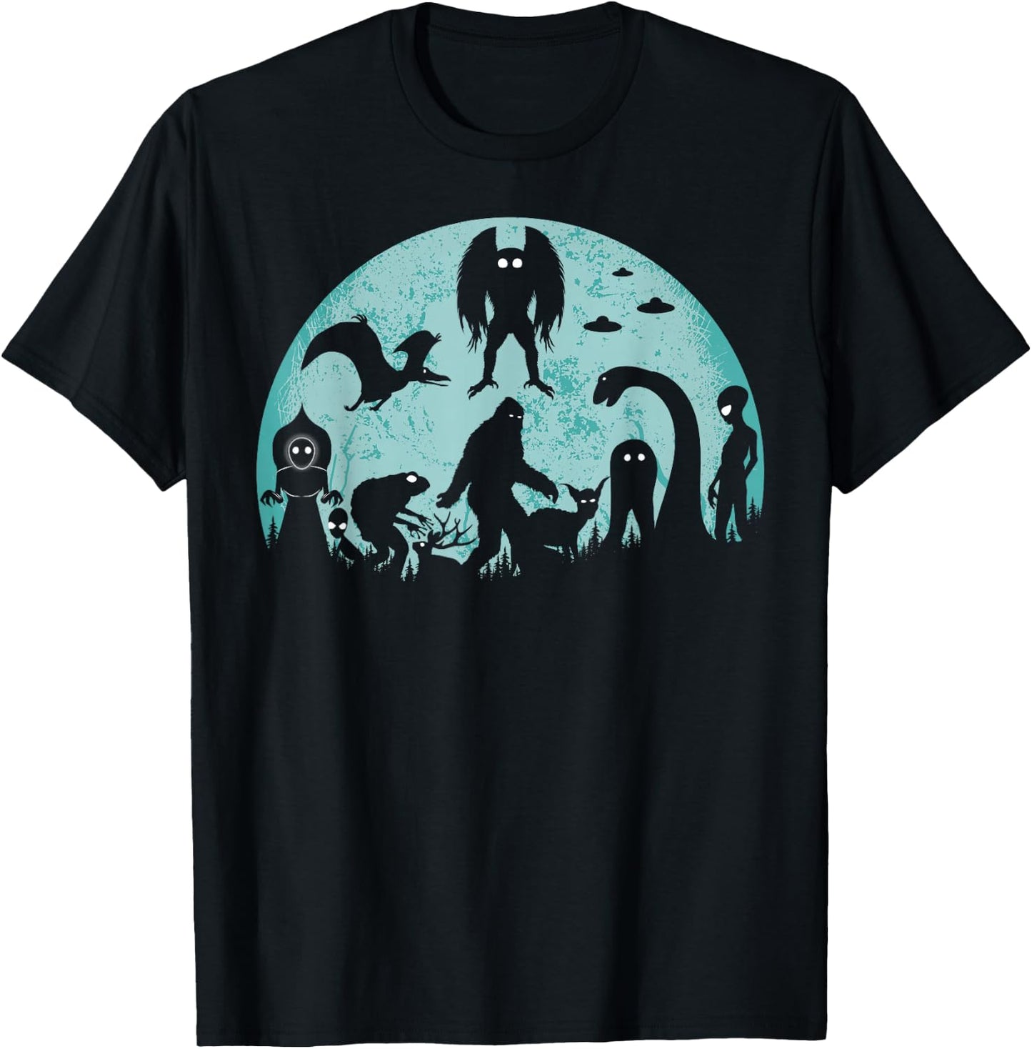 Bigfoot Loch Ness Monster Mothman And Aliens Funny Cryptid T-Shirt - T-Shirt | Black