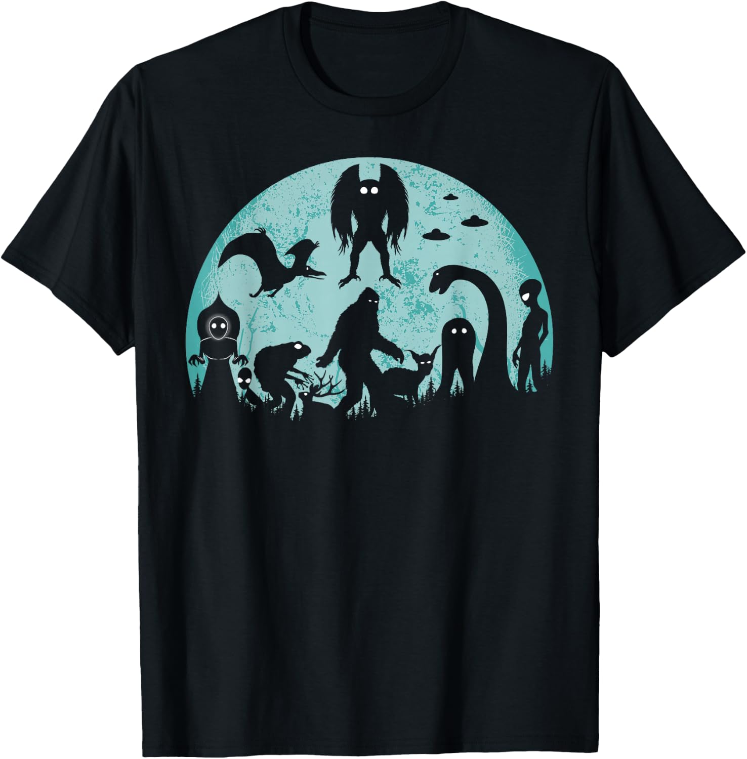 Bigfoot Loch Ness Monster Mothman And Aliens Funny Cryptid T-Shirt - T-Shirt | Black