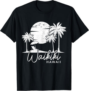 Waikiki Beach Hawaii Surf Vintage Sunset Surfer T-Shirt - T-Shirt | Black