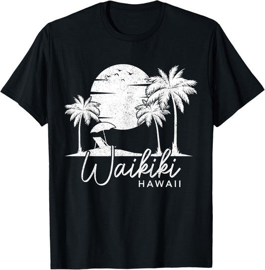 Waikiki Beach Hawaii Surf Vintage Sunset Surfer T-Shirt - T-Shirt | Black