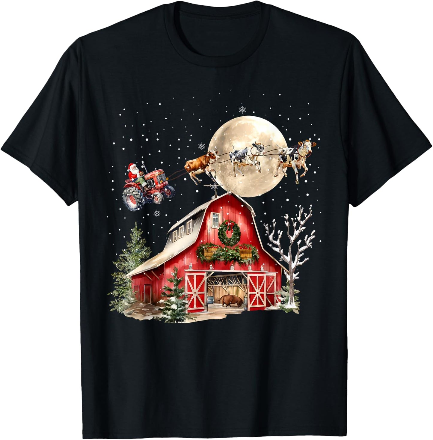 Funny Santa Claus Tractor Cows Farm Farmer Christmas Holiday T-Shirt - T-Shirt | Black