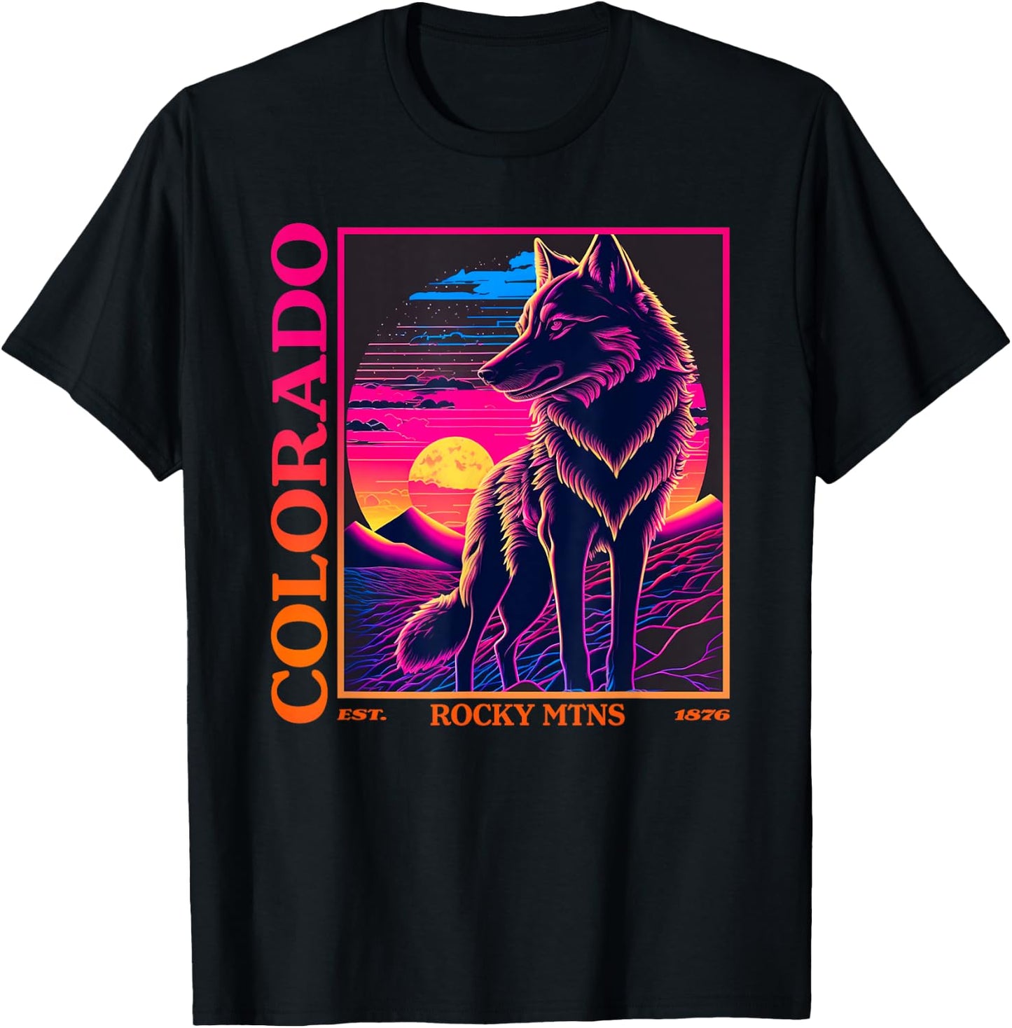Colorado Mountain Wolf - Wolf, Moon, & Stars Retro T-Shirt - T-Shirt | Black
