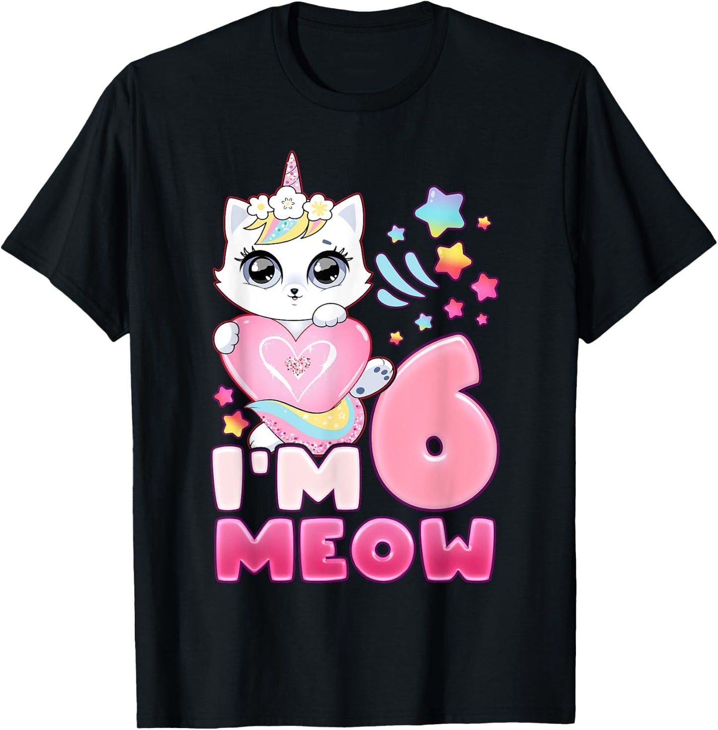 Birthday girl 6 years old, cat, unicorn, 6th birthday T-Shirt - T-Shirt | Black