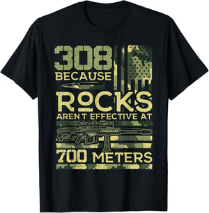 308 Because Rocks aren't Effective Hunting American USA Flag T-Shirt - T-Shirt | Black