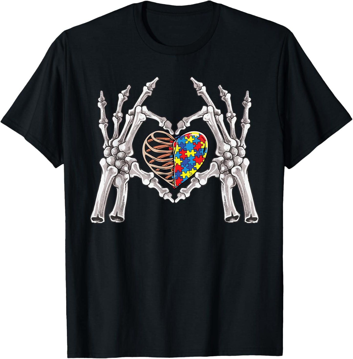 Autism Awareness Gothic Skull Hand Autism Puzzle Piece Heart T-Shirt - T-Shirt | Black