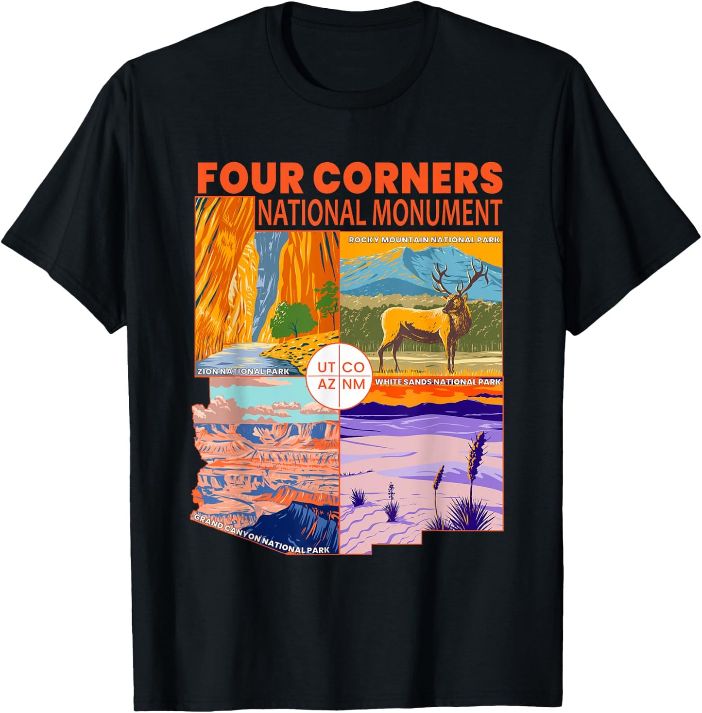Four Corners National Monument With National Parks Retro T-Shirt - T-Shirt | Black