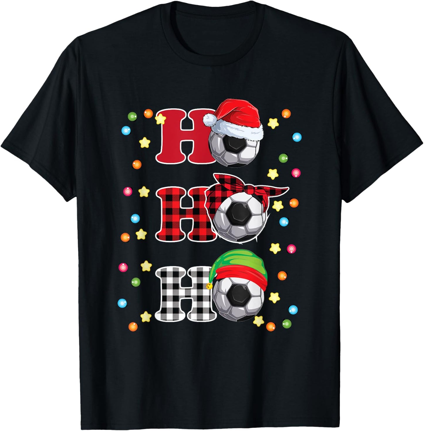 Ho Ho Ho Santa Red Plaid Christmas Lights Pajama Soccer T-Shirt - T-Shirt | Black