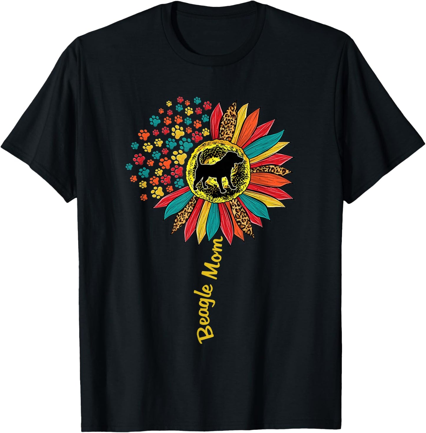 Beagle Mom Dog Lover Sunflower Paw Leopard Print T-Shirt - T-Shirt | Black