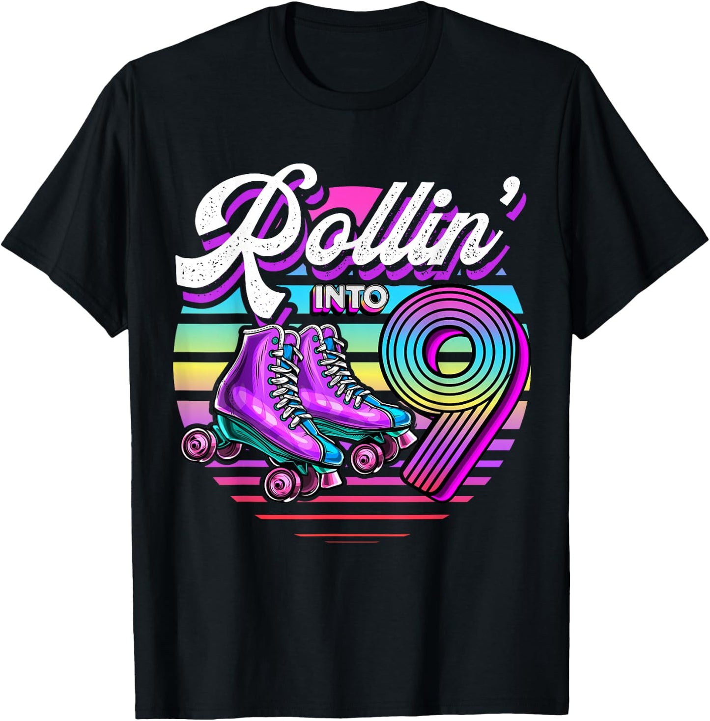 Rollin' into 9 Roller Skating Rink 9th Birthday Party Girls T-Shirt - T-Shirt | Black