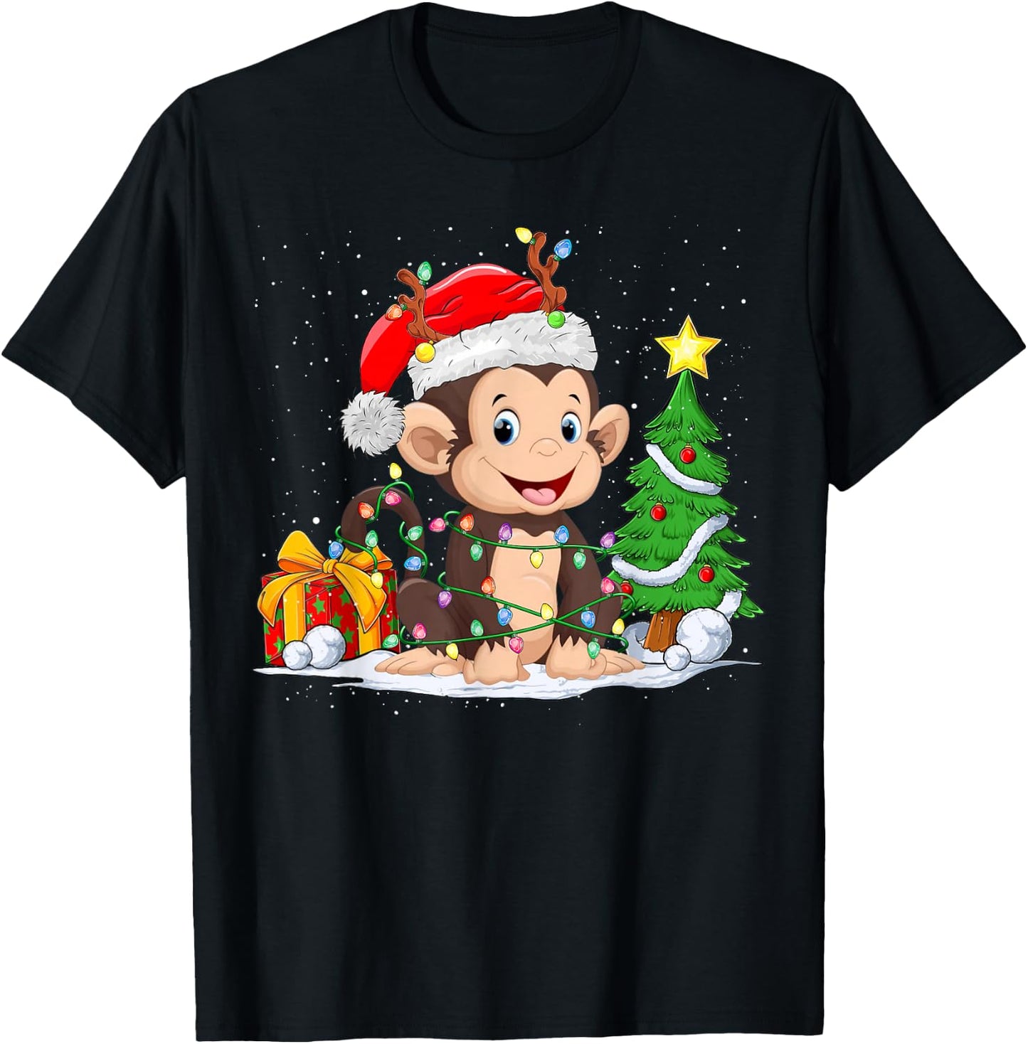 Cute Monkey Santa Christmas Tree Lights Xmas Pajama Monkey T-Shirt - T-Shirt | Black
