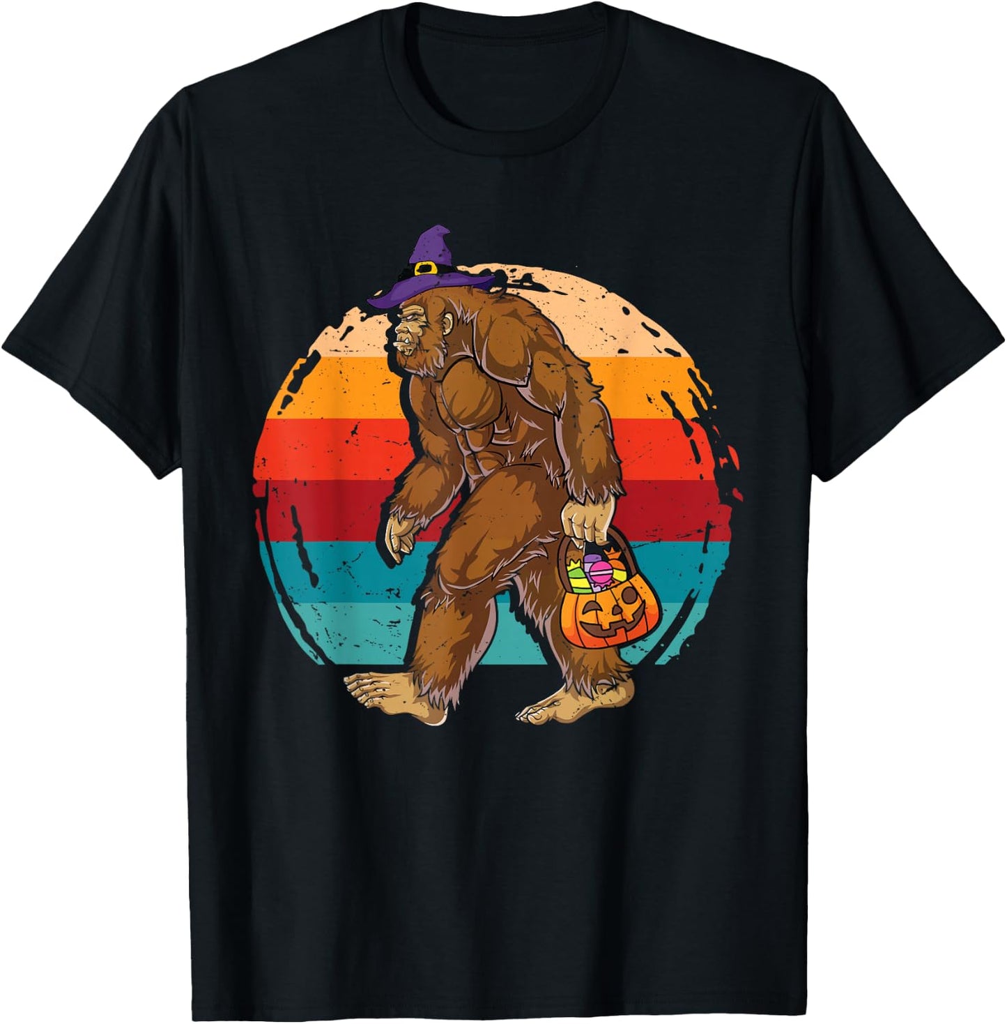 Bigfoot Sasquatch Witch Hat Retro Jack O Lantern Halloween T-Shirt - T-Shirt | Black