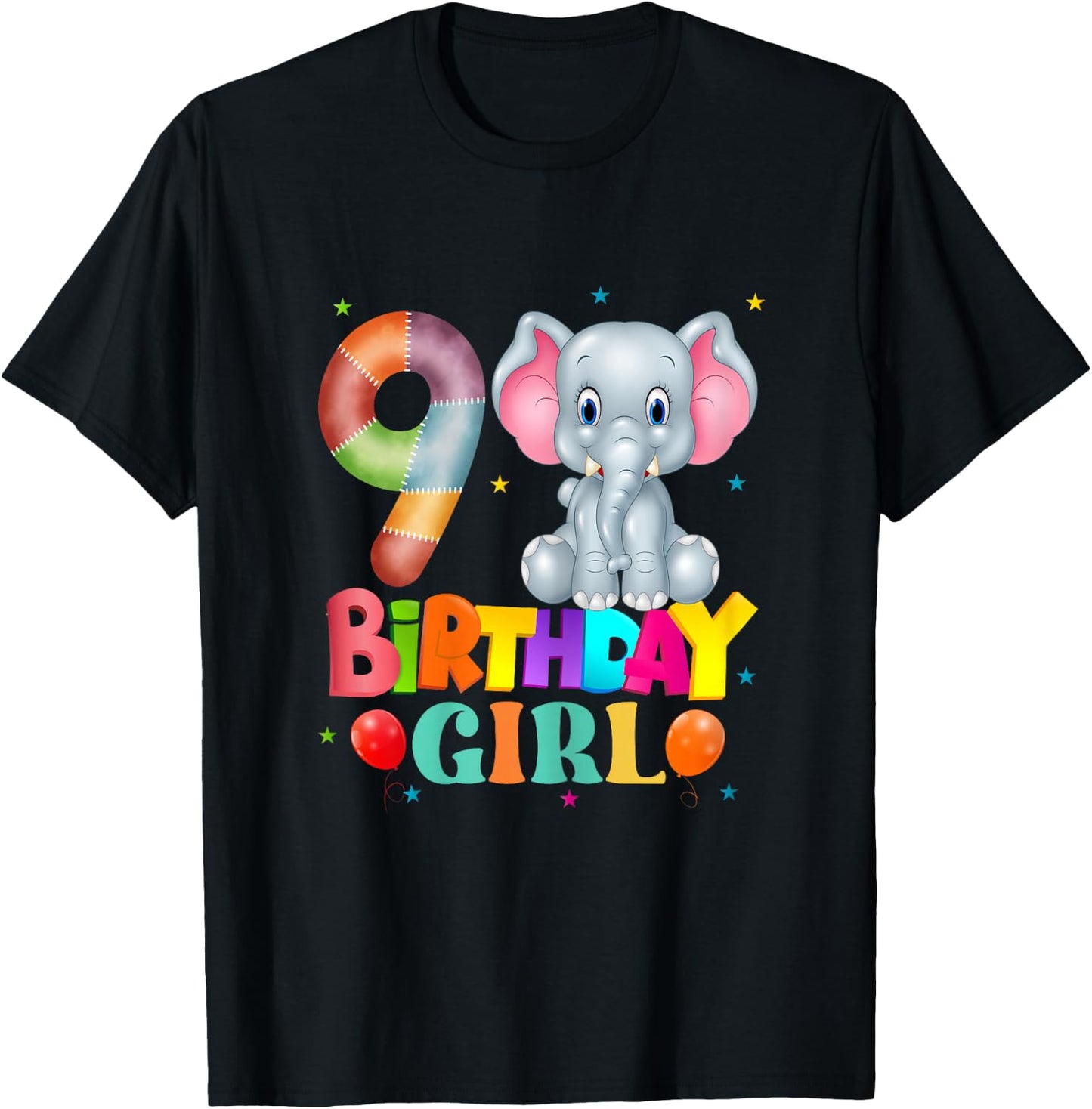 9th Birthday Elephant 9 Years Old Girls Elephant T-Shirt - T-Shirt | Black
