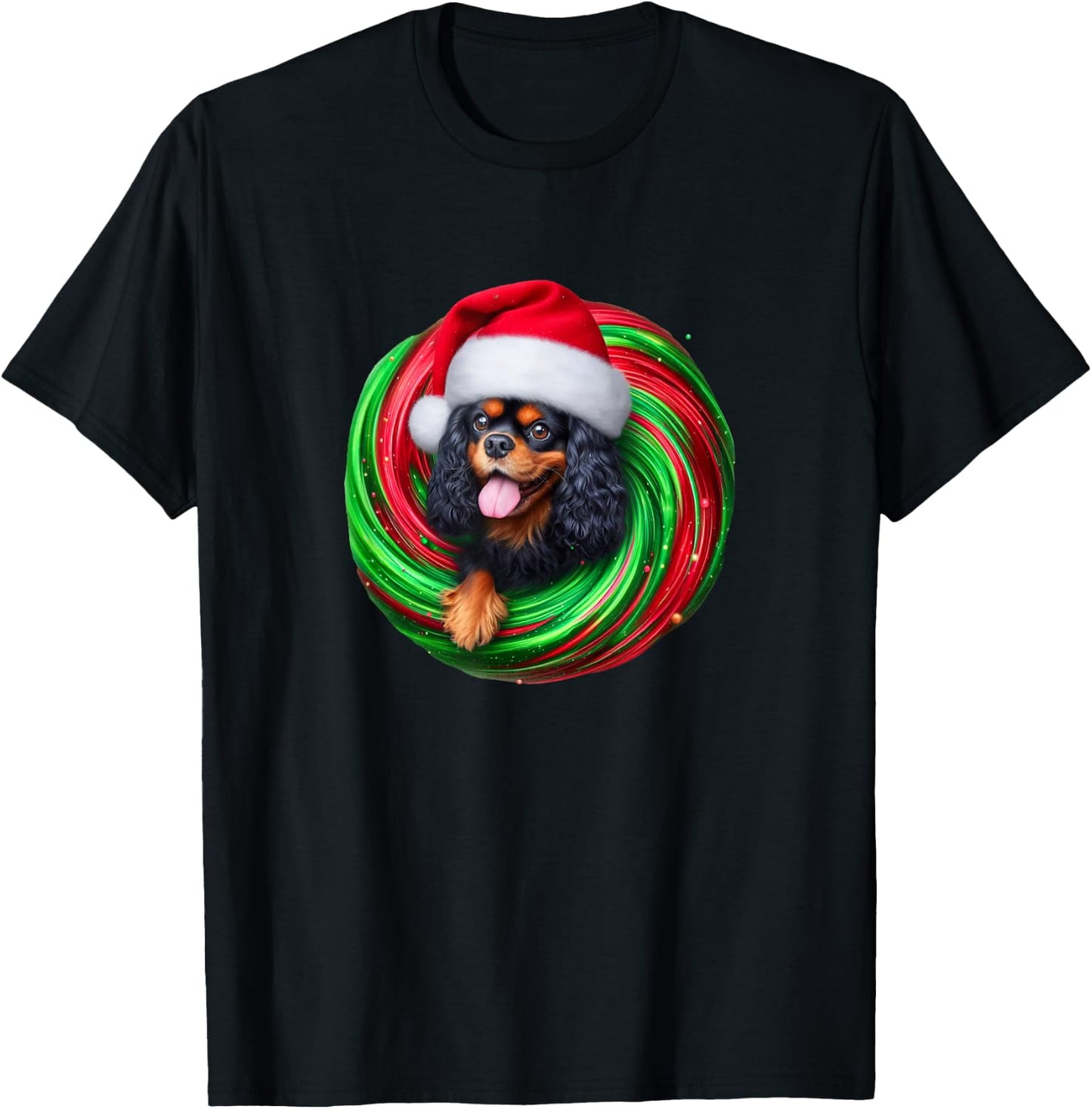 Cavalier King Charles Spaniel Dog Black Tan Christmas Swirl Men Women T-Shirt - T-Shirt | Black