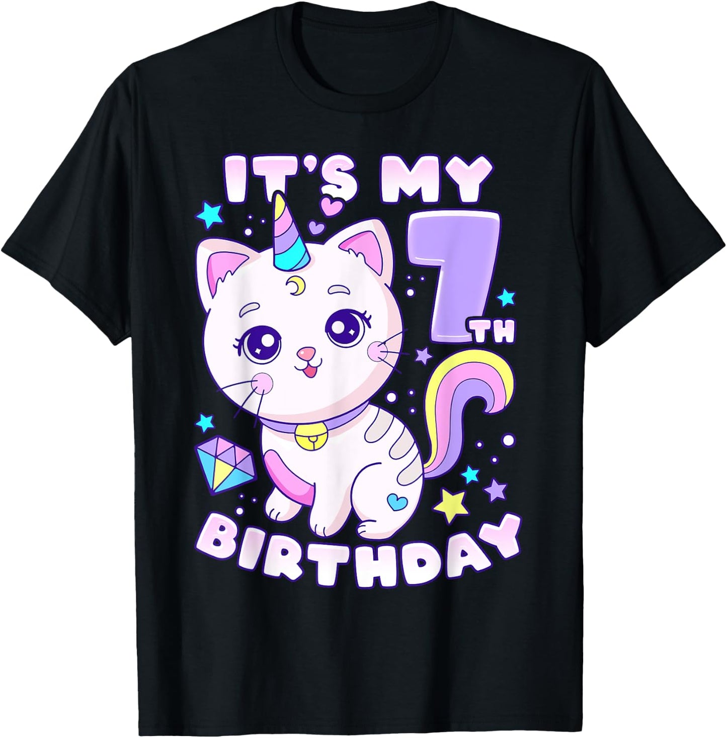 Birthday girl 7 years old, cat, unicorn, 7th birthday T-Shirt - T-Shirt | Black