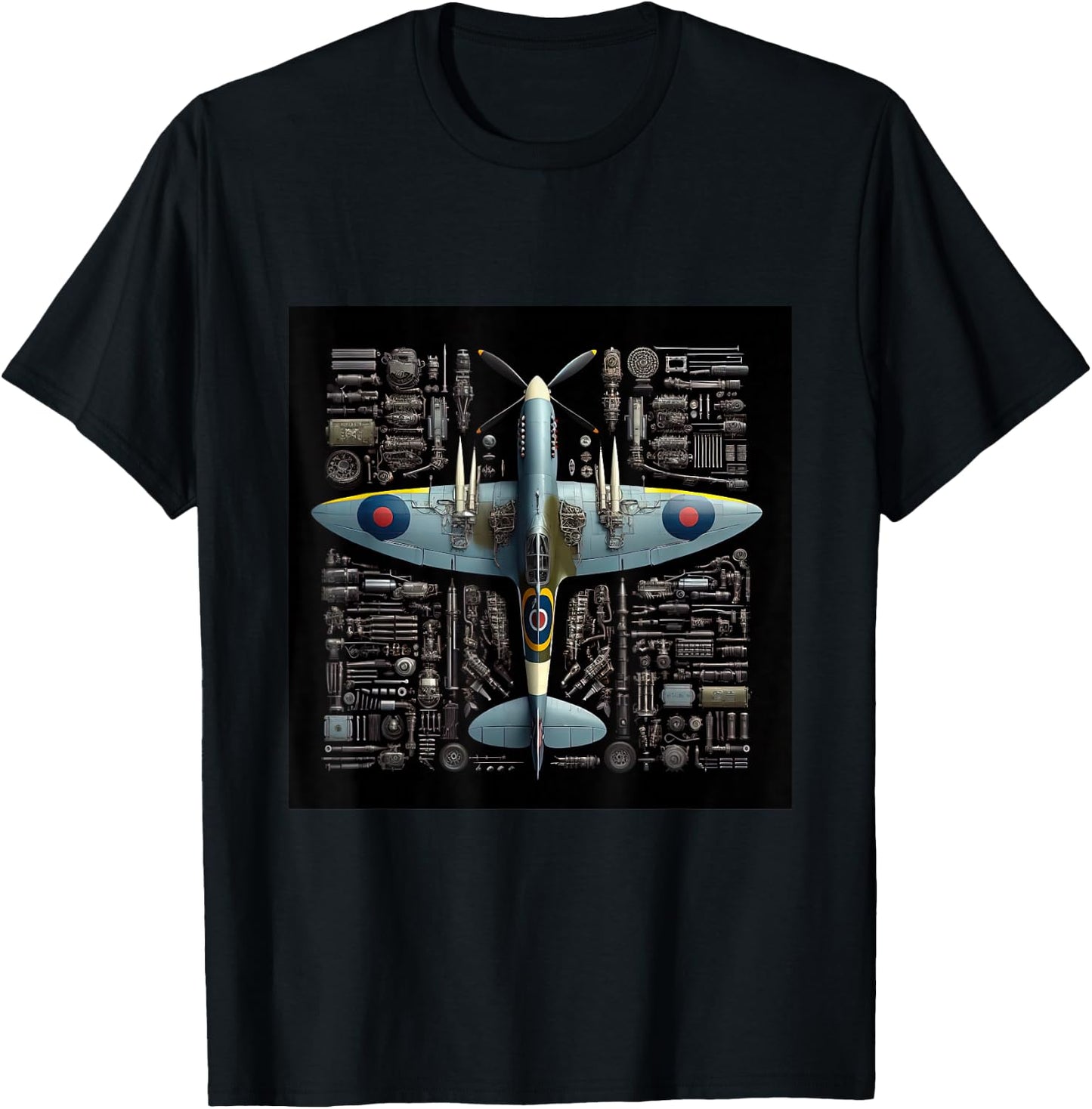 WW2 Warplane Spitfire Anatomy Assembly Parts Blueprint T-Shirt - T-Shirt | Black