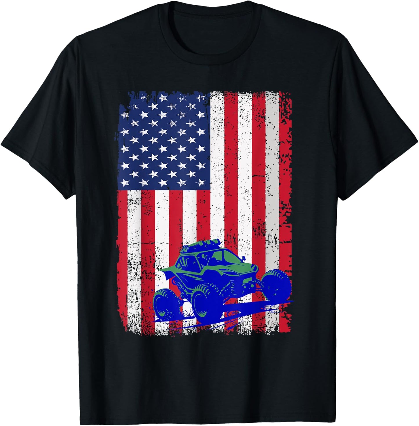Side By Side UTV SXS 4 Wheeler Patriotic American Flag T-Shirt - T-Shirt | Black