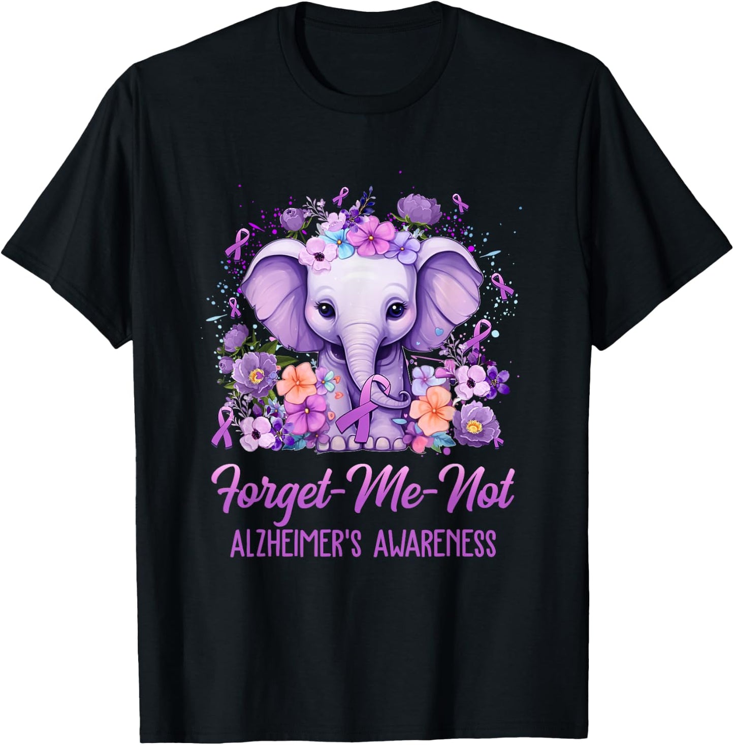 Forget Me Not Alzheimer's Awareness Month Elephant Flower T-Shirt - T-Shirt | Black